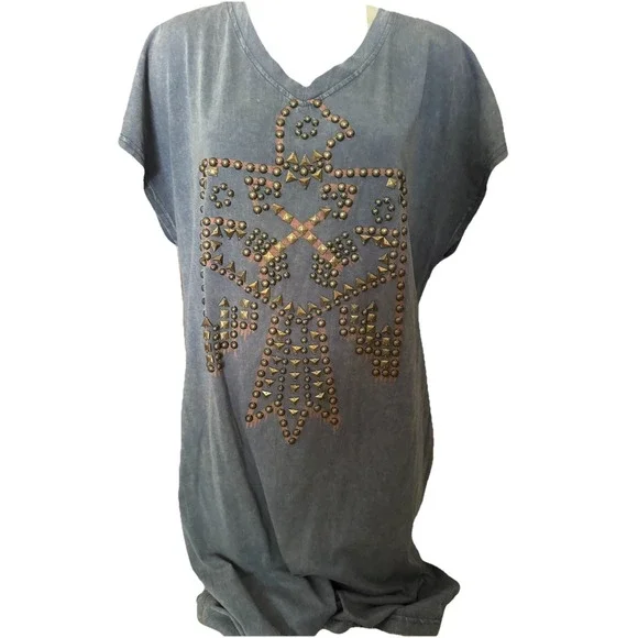 New Double D Ranch Top Thunderbird Long Studded Western Boho Side Slit Tunic S M - Picture 1 of 8